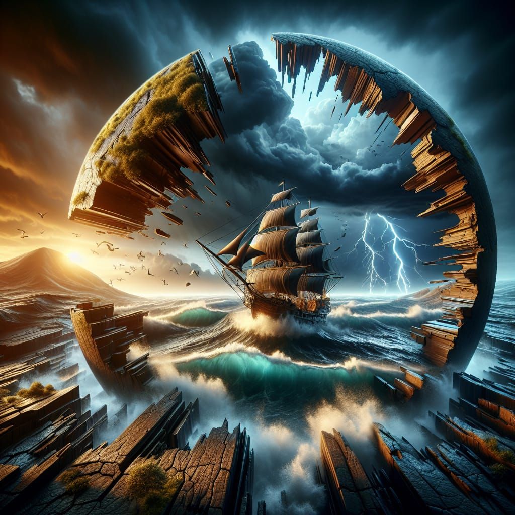 Pirate Ship in Fractured World Hurricane Scene