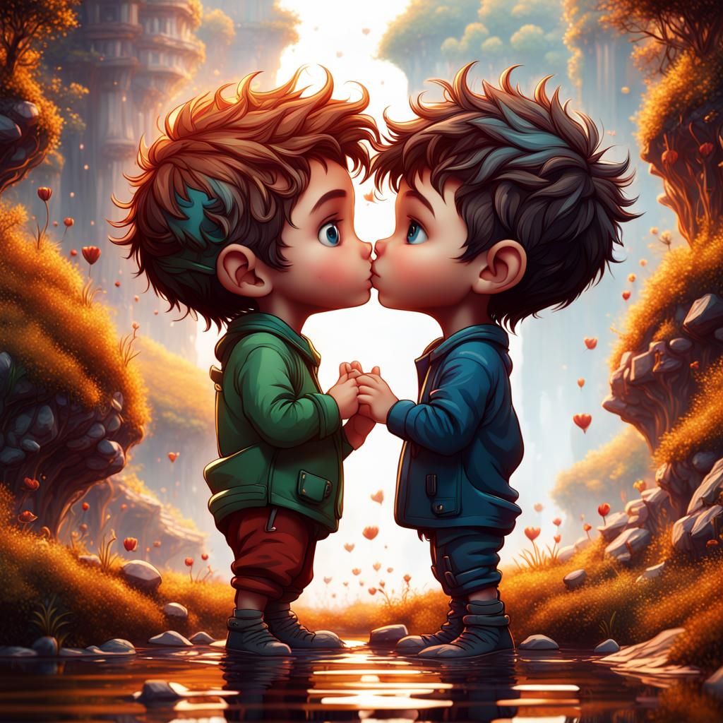 Two Cute Boys Kissing: Detailed Matte Painting