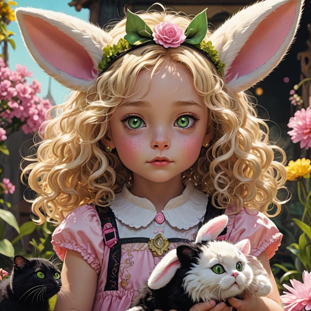 Girl Holds Giant Cat with Bunny Ears: Art Nouveau