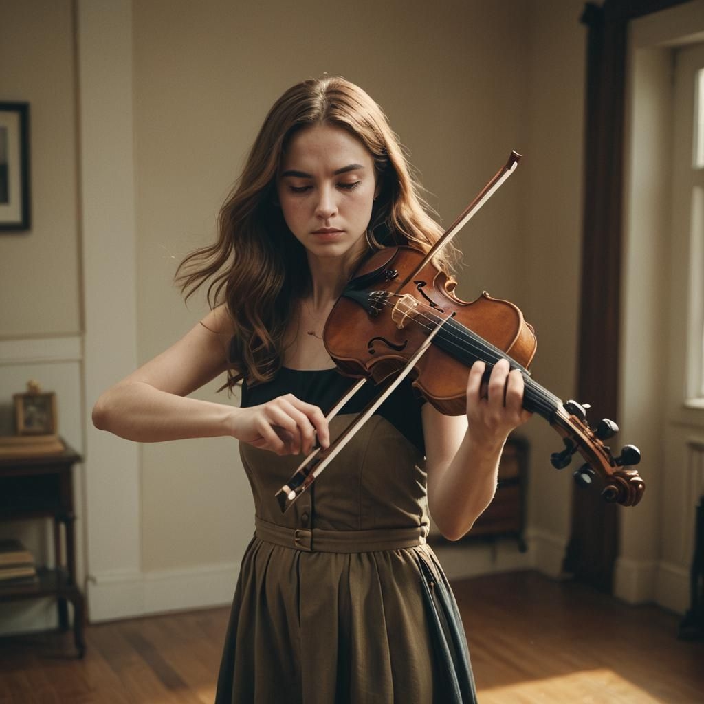 Woman Playing Violin in Cinematic Film Still