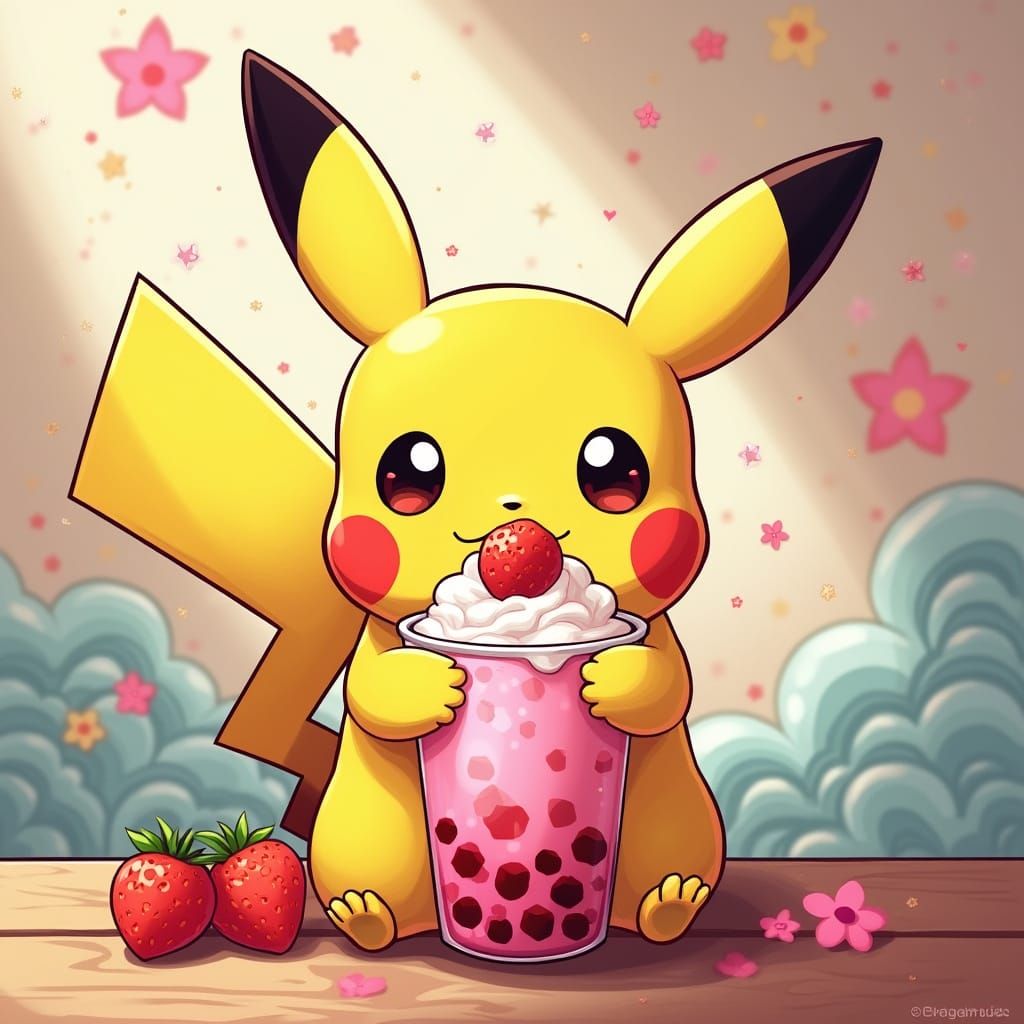 Pikachu in Vibrant Anime-Inspired Boba Scene