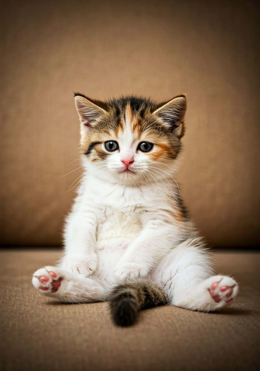 Chubby Kitten Relaxing on Plush Sofa in Five-Colored Fur