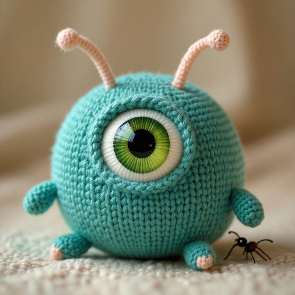 Knitted Teal Toy Creature with Snail Antennas