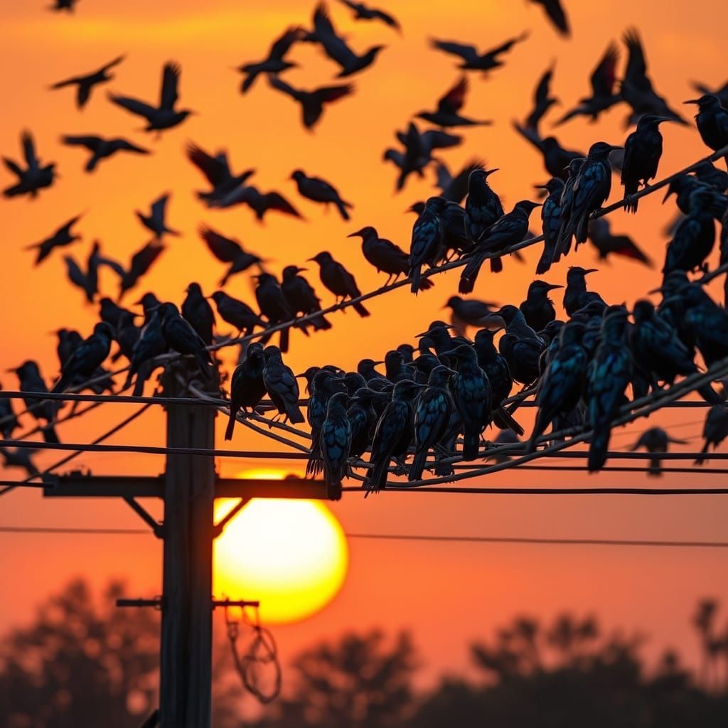 Vibrant Flock of Great Tailed Grackles on Power Lines at Sun...