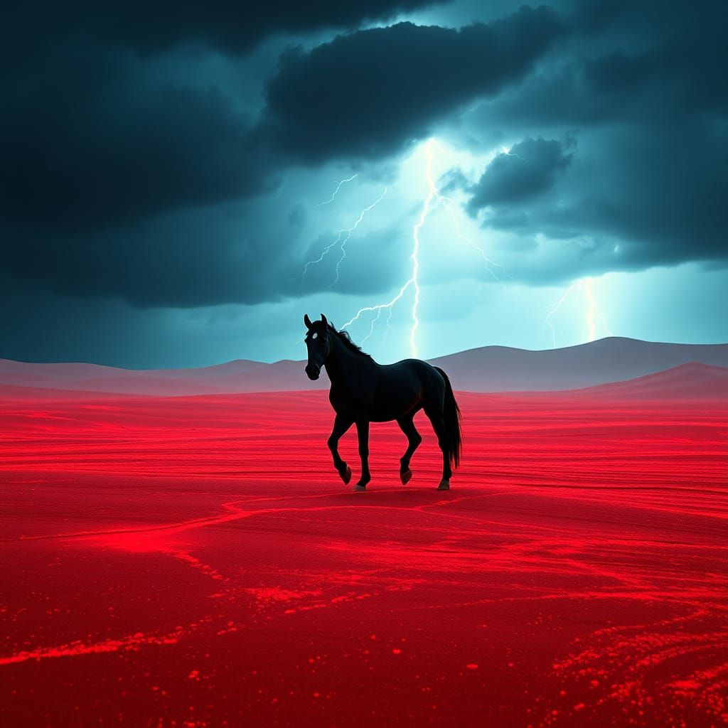 Black Horse on Red Glass Desert, Photorealistic Style