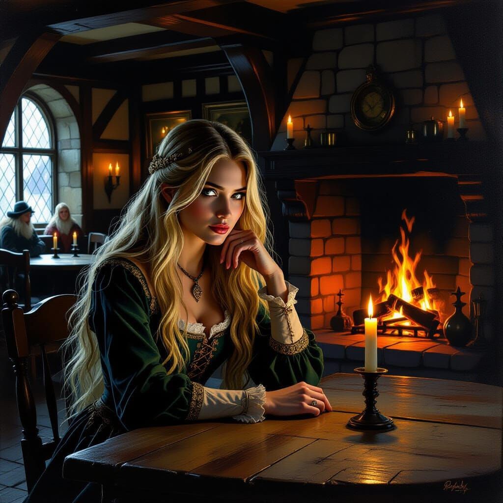 Medieval Woman in Candlelit Pub, Dutch Golden Age Style
