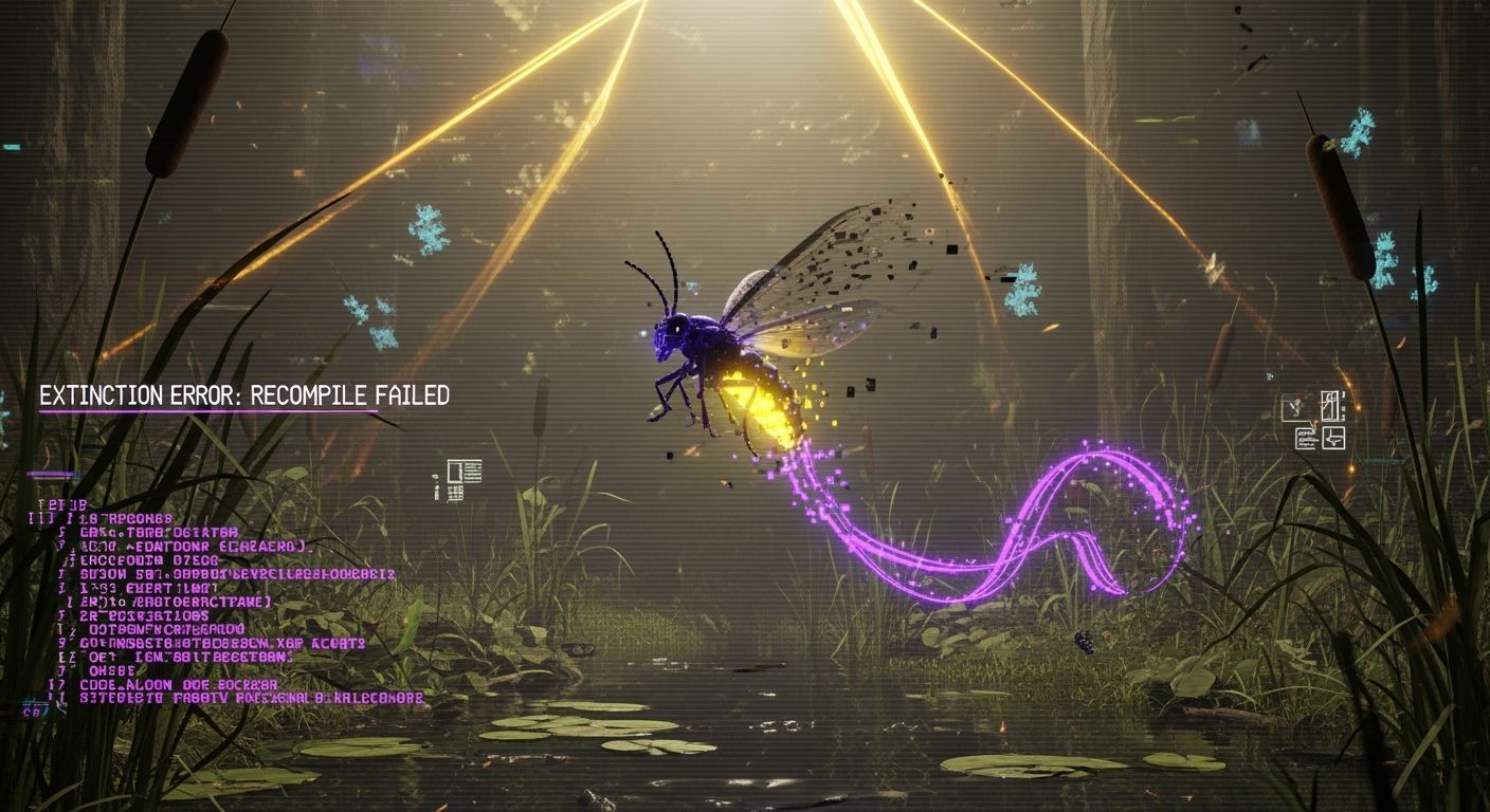 Glitched Firefly in Digital Wetland Forest