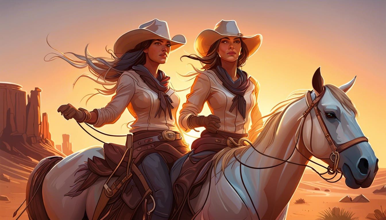 Cowgirls at Sunset: Dynamic Lasso Artgerm-Style Portrait