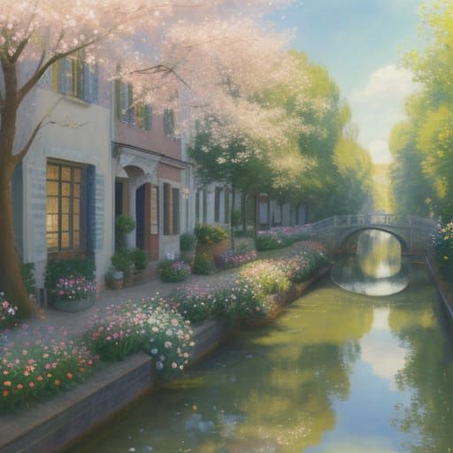 Idyllic Urban Oasis with Pastel-Colored Houses and Whimsical...