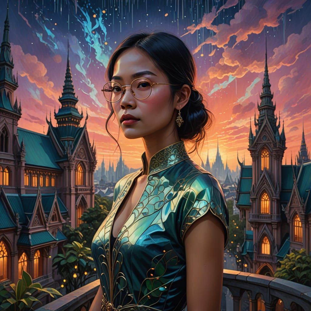 Thai Woman in Neo-Gothic Cityscape, Art Nouveau