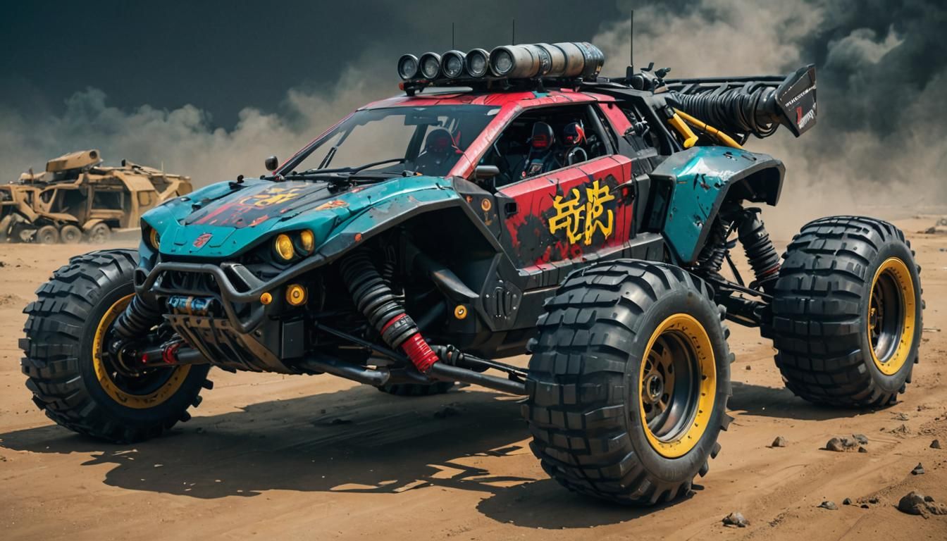 Cyberpunk Buggy with Japanese Logos in Futuristic Style
