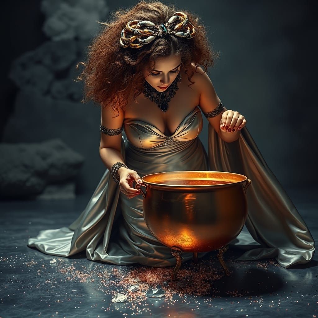 Mystical Zaftig Witch Searches for Omen in Copper Cauldron