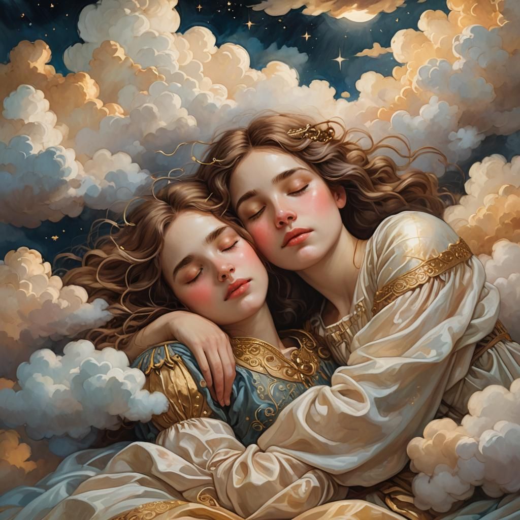 Dreaming Woman on Cloud in Ethereal Style