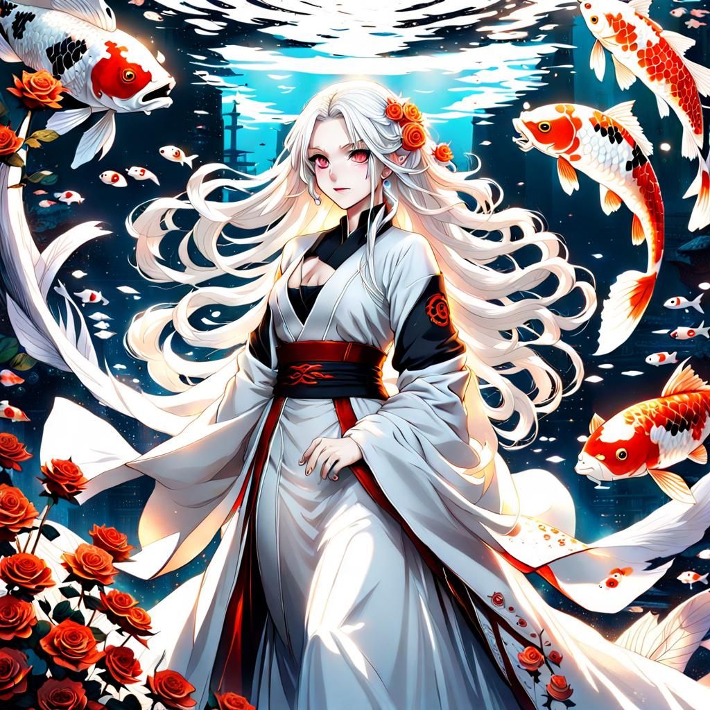 Elegant Woman in White Gown with Roses