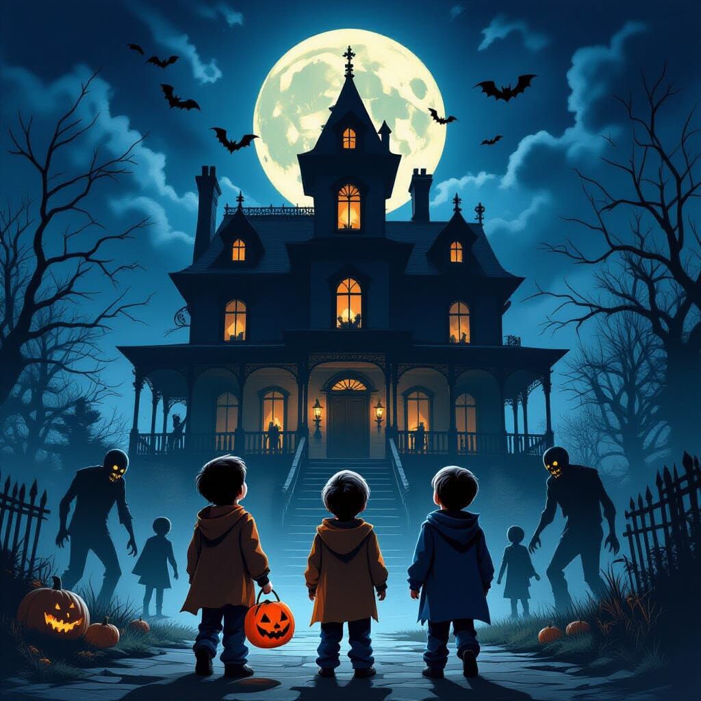 Boys Trick-or-Treating at Giant Haunted Mansion