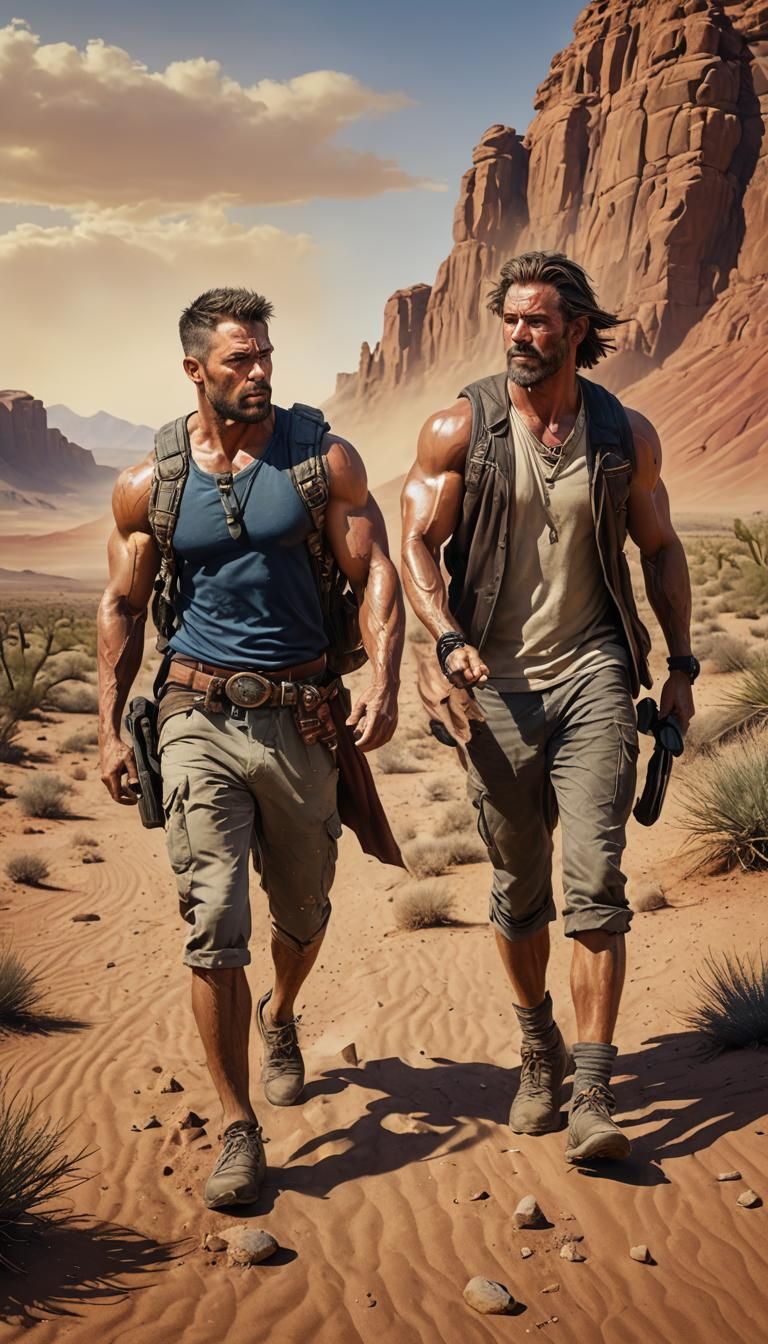 Hyperrealistic Desert Travelers in Splash Art Style