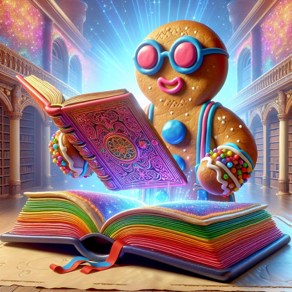 Gingerbread Man Reading in Enchanted Library