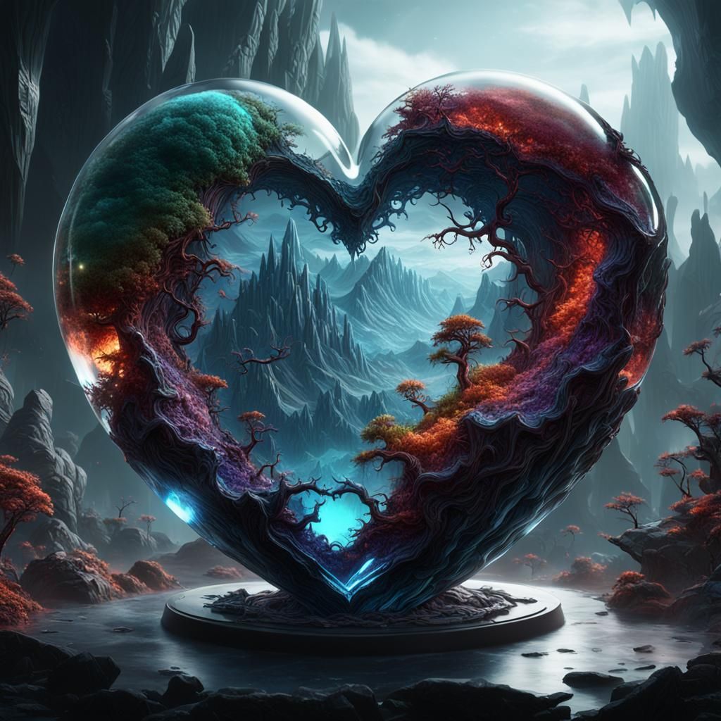 Demonic Planet in Heart-Shaped Crystal: Fantasy Art