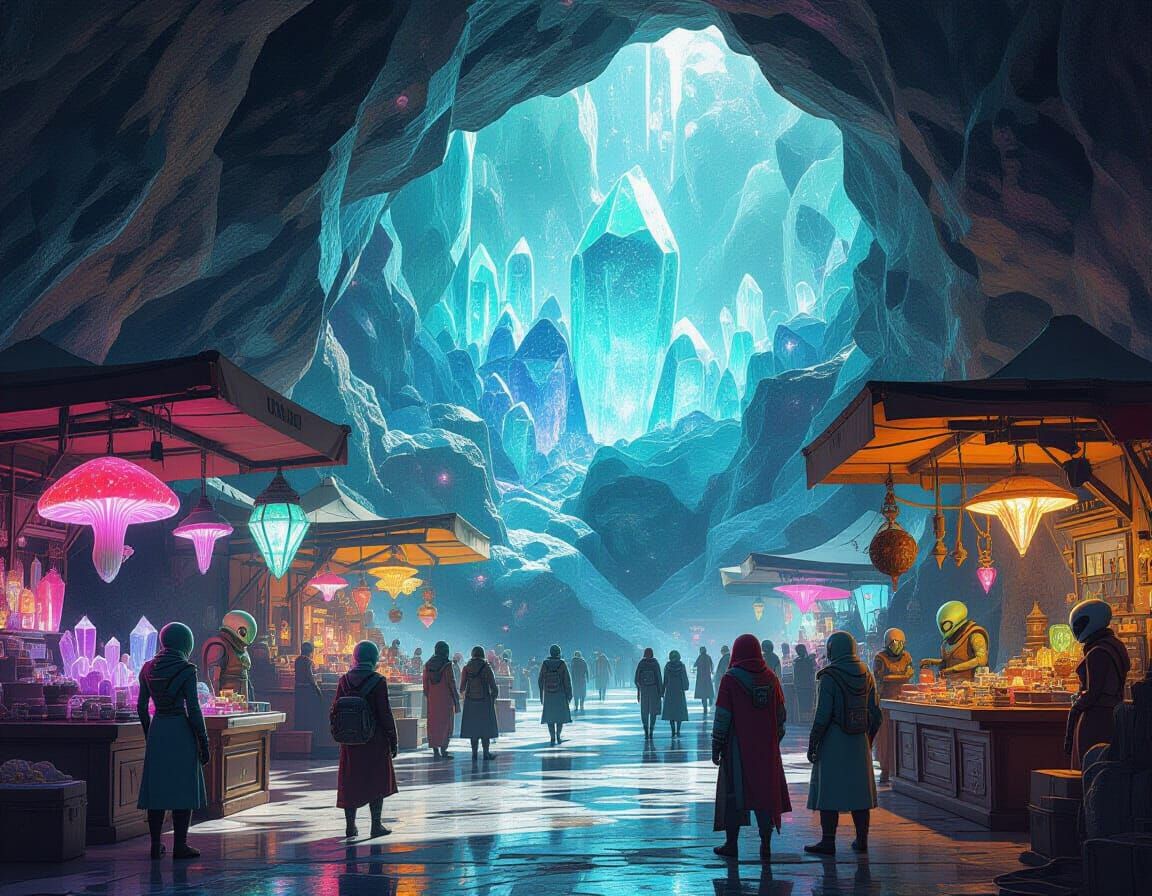 Bustling Alien Market in Crystalline Geode, Synthwave Style