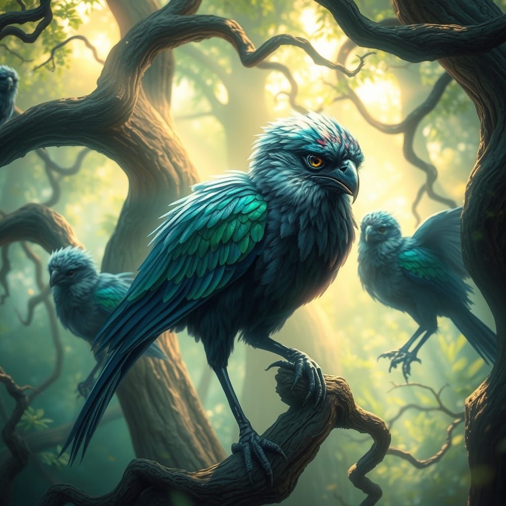 Mystical Birds in a Vibrant, Dreamlike Forest
