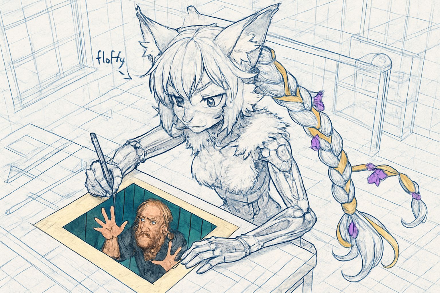 Lynx Android Drafts Blueprint in Anime Style