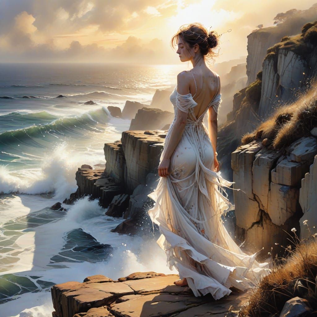 Cliffside Figure in Watercolour Style at Golden Hour