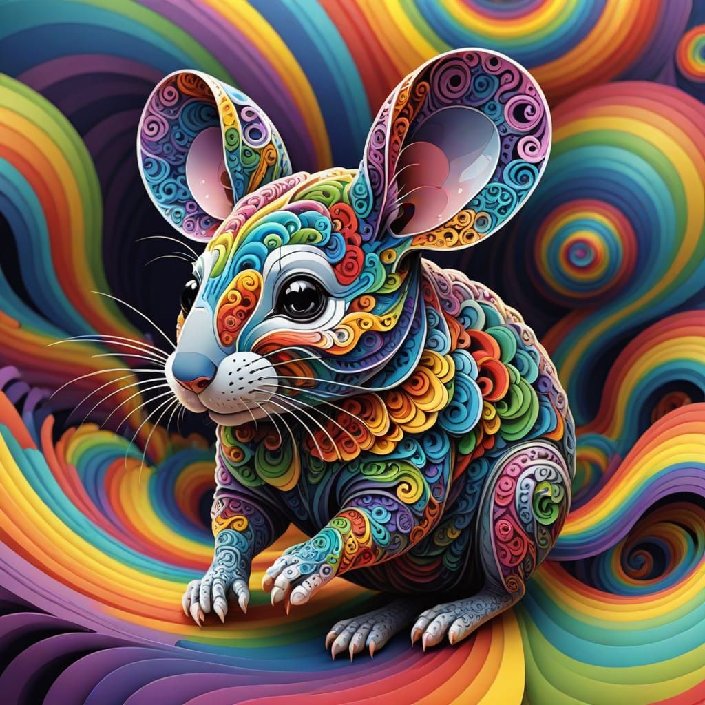 Cute Mouse Dancing with Rainbows in Abstract Style