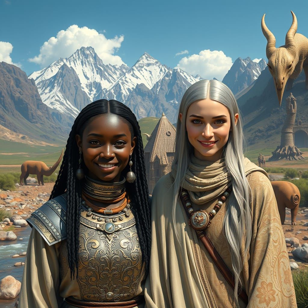 Smiling Women in Surreal Futuristic Landscape