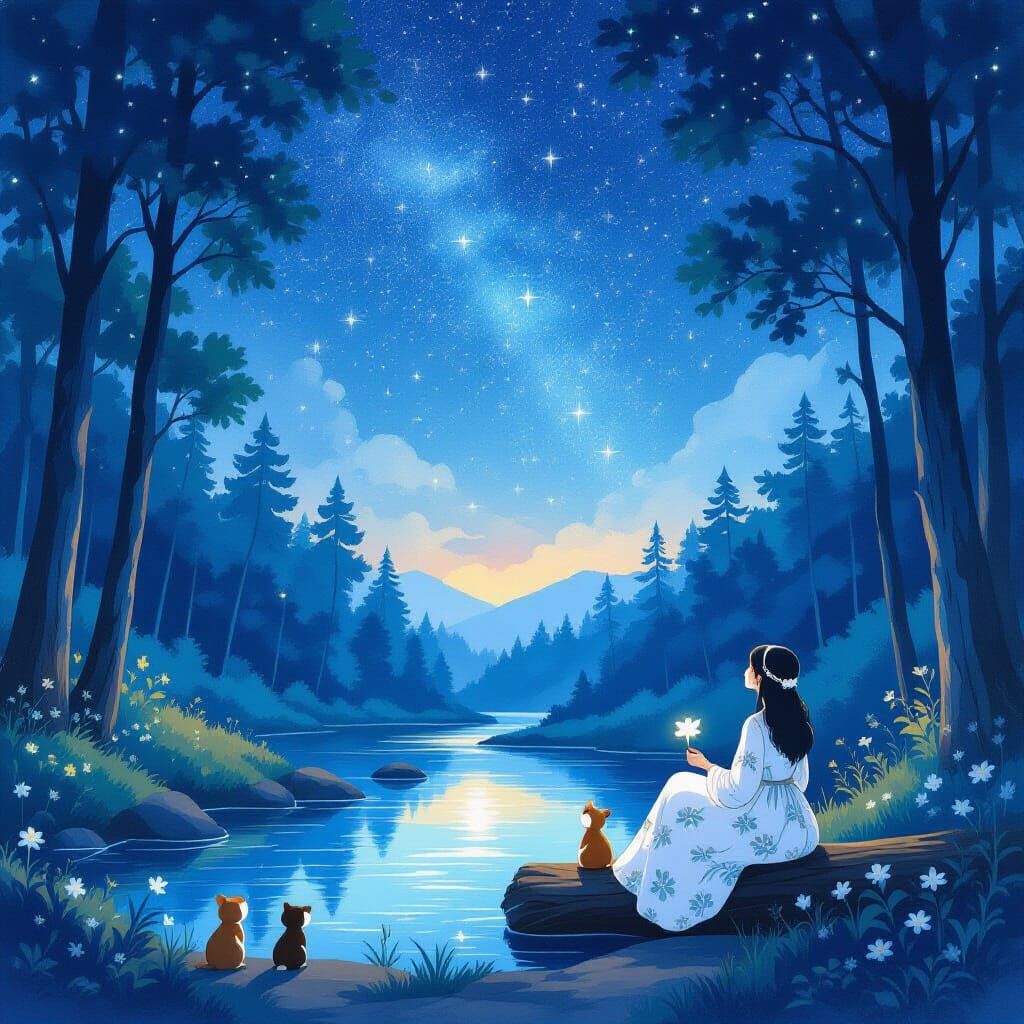Ethereal Night Forest Scene with Woman and Animals