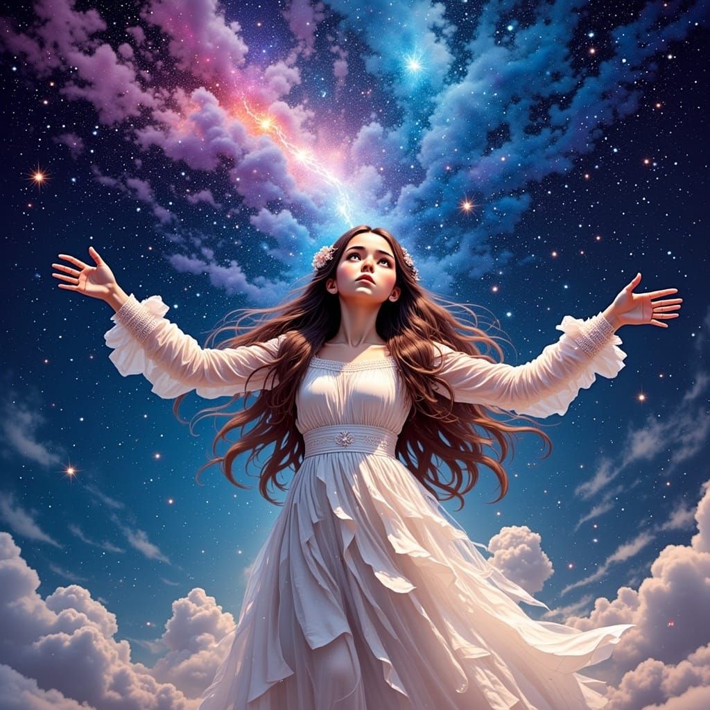 Girl Reaching for Starry Ink Sky