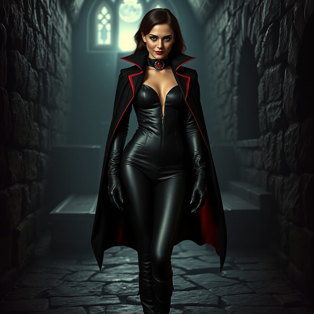 Portuguese Vampire Countess in Dark, Gothic Cape and Vampire...