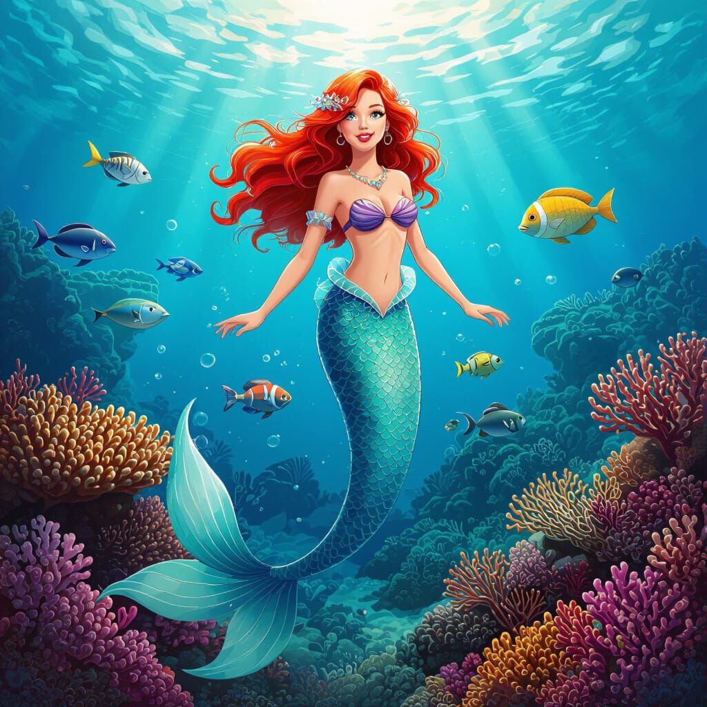 Redheaded Mermaid Among Vibrant Coral Reefs