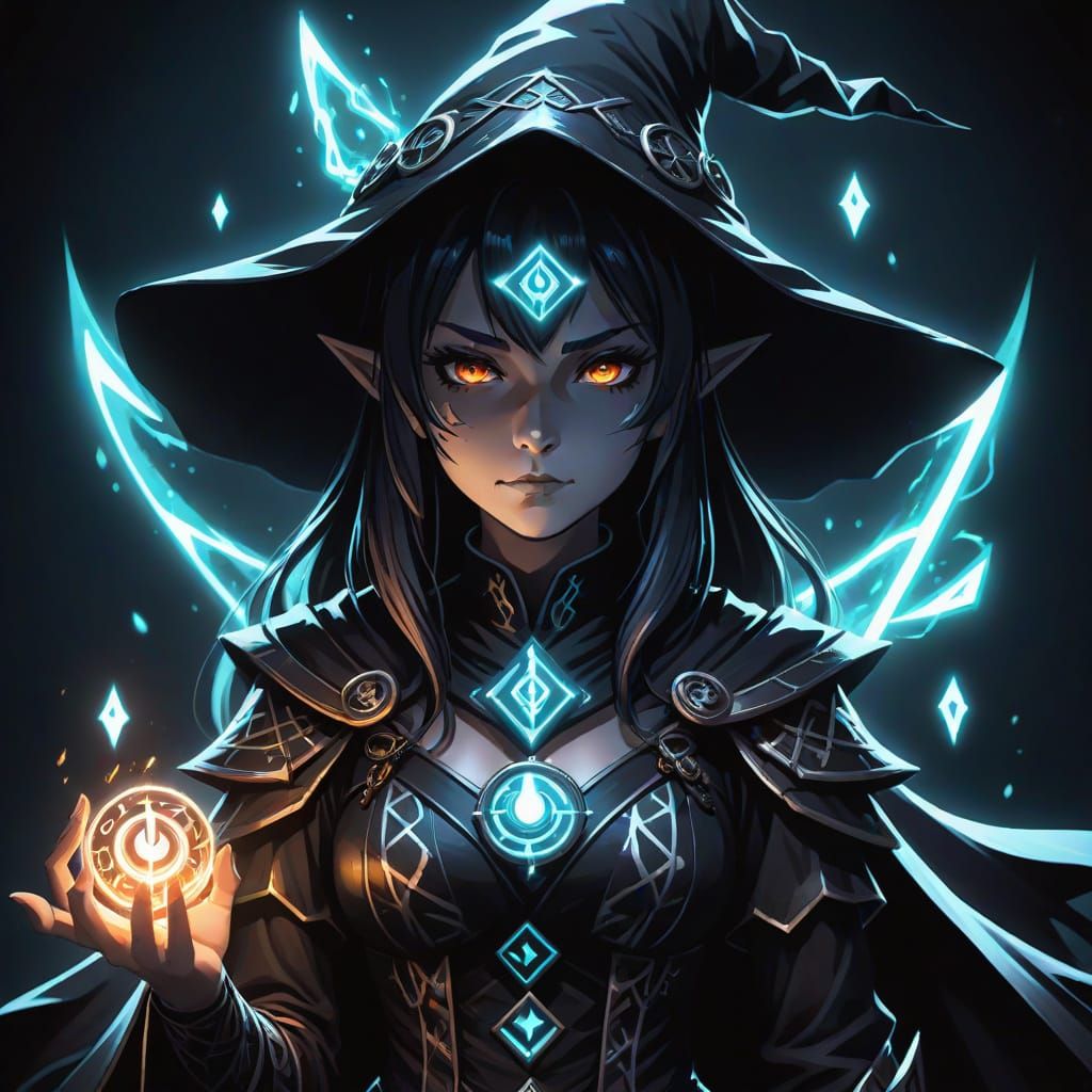 Dark Witch with Glowing Runes in Anime Style