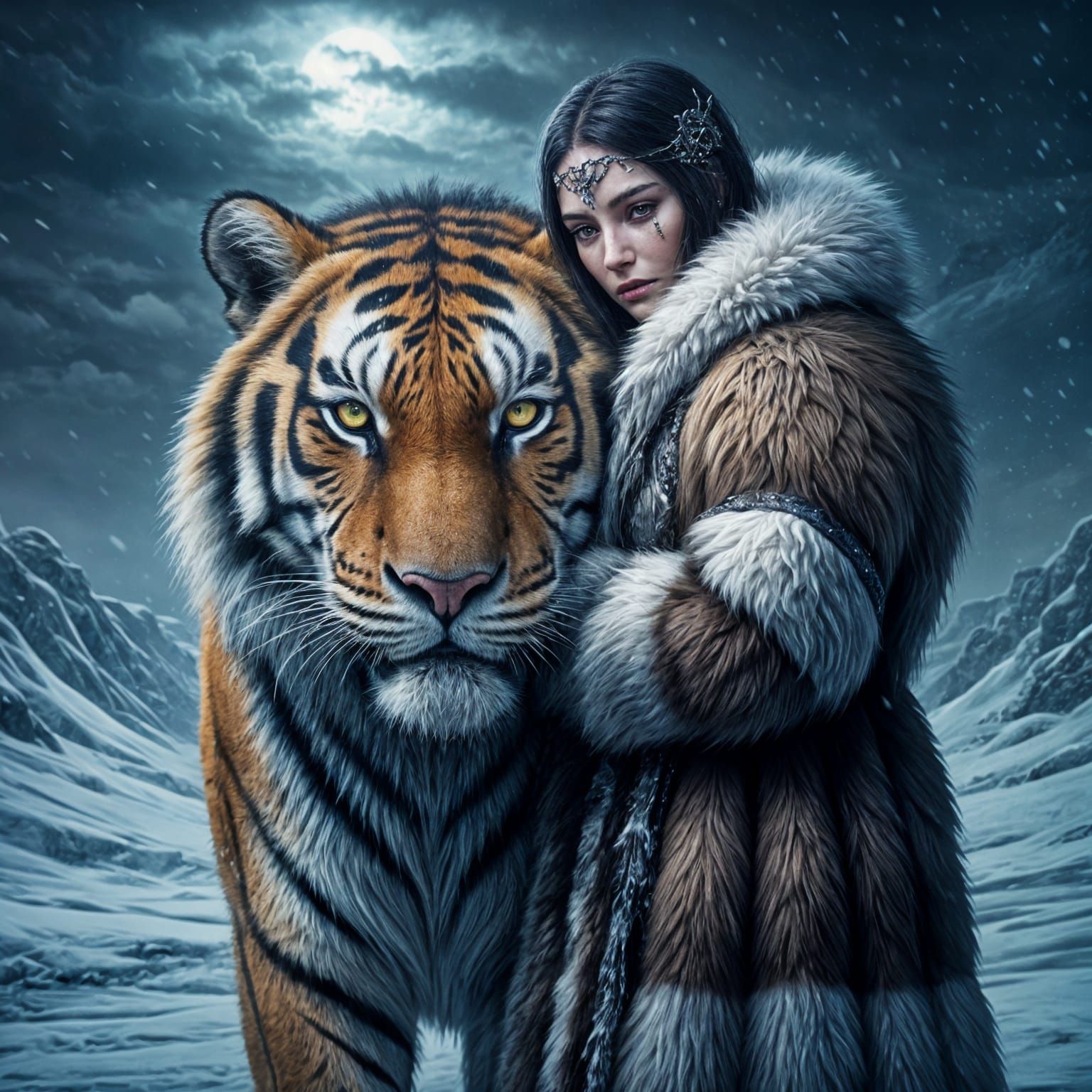 Snowy Night Scene with Woman and Sabertooth Tiger