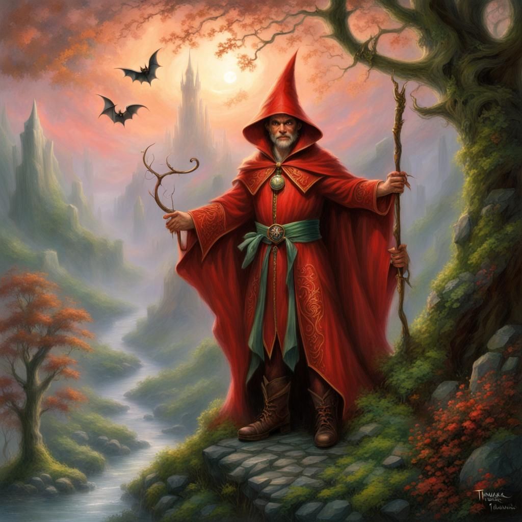 Green Elf Red Sorcerer in Ethereal Fantasy Style
