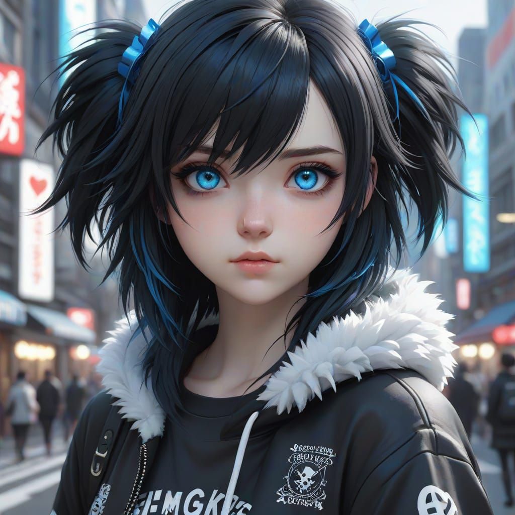 Surreal Emo Punk Girl with Vibrant Blue Eyes and Fluffy Hair