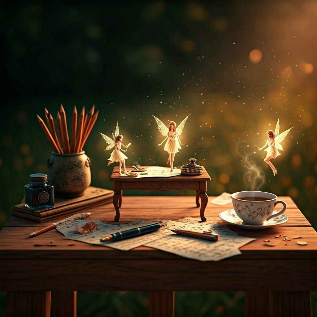 Hyper-Realistic Writer's Desk with Fairies