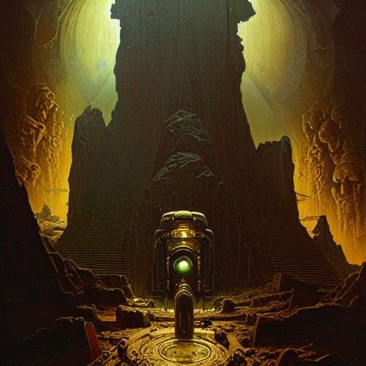 Unearthed Alien Artifacts: Steampunk Horror Oil Painting