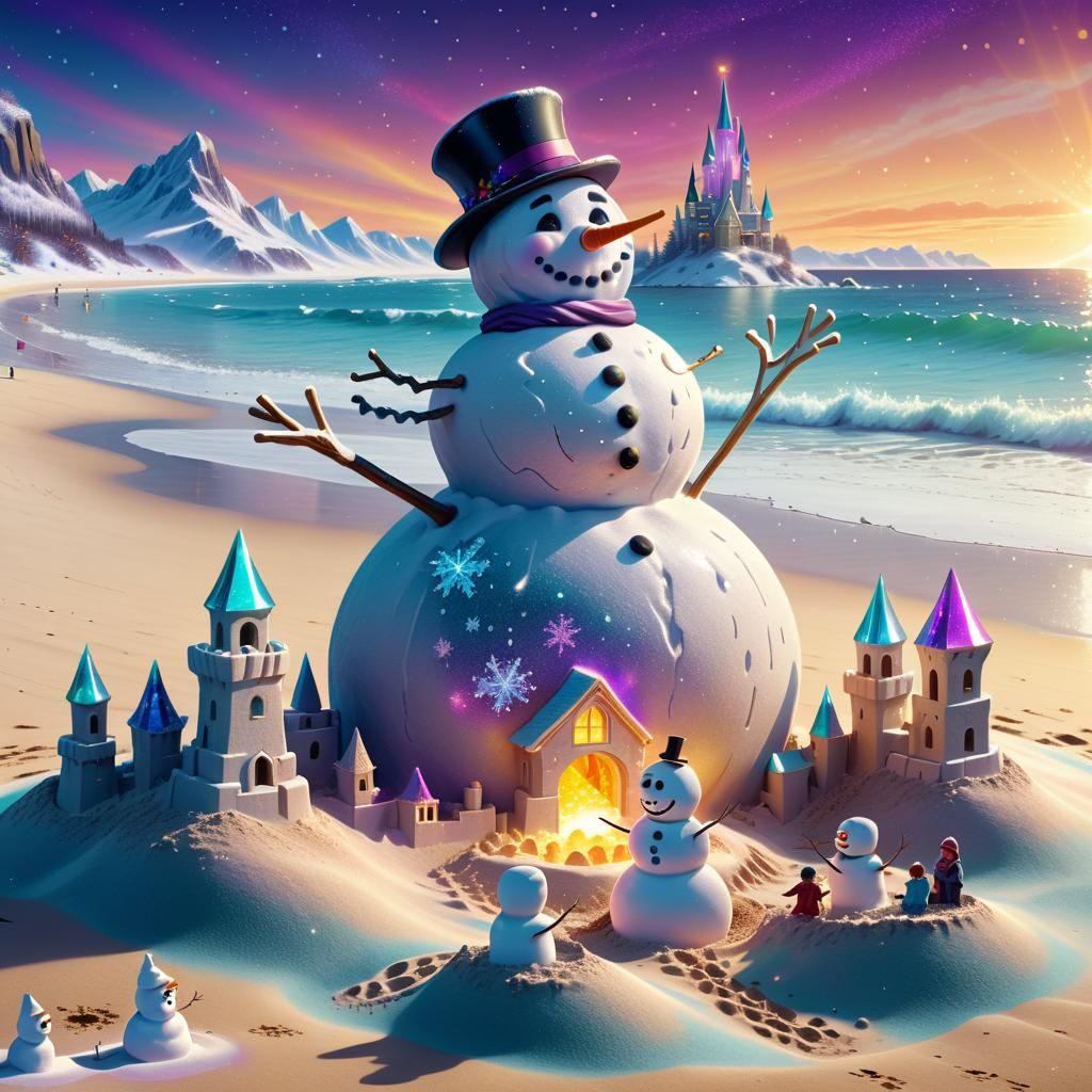 Winter Beach Wonderland: Frosty Snowman's Magical Sojourn