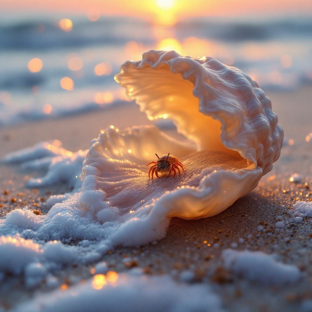 Glowing Crystal Seashell on Beach in Dreamy Style