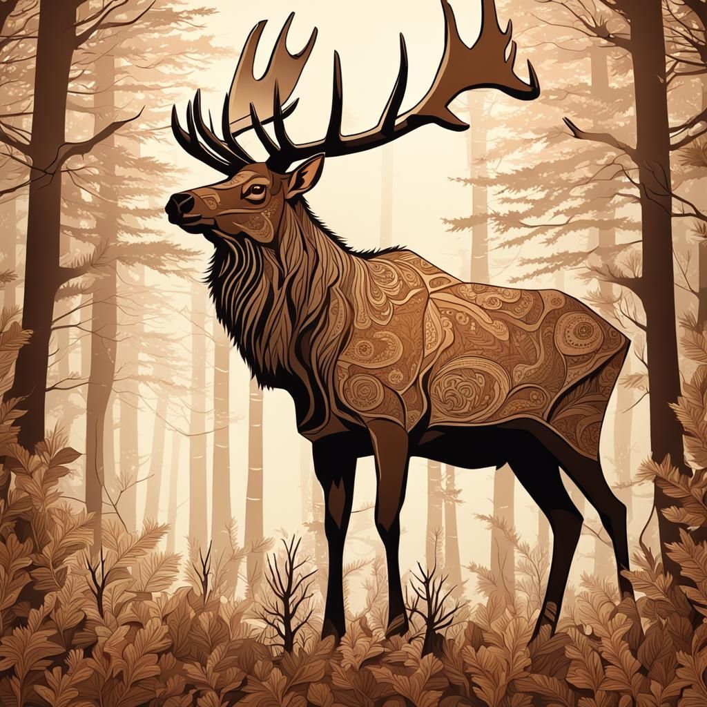 Majestic Brown Elk in Detailed Paper Forest
