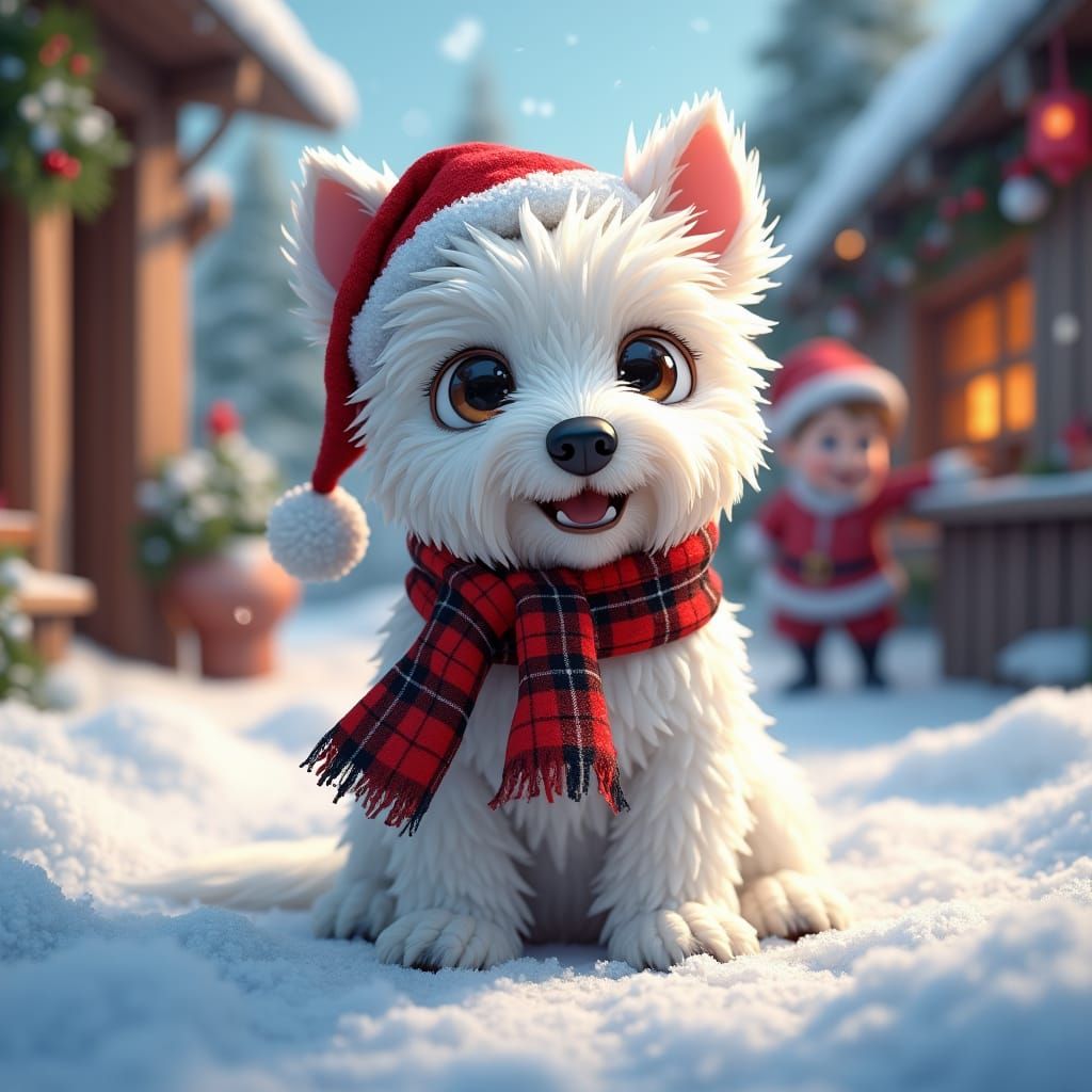 Festive Scottish Terrier at Santa's Workshop as Anime Art