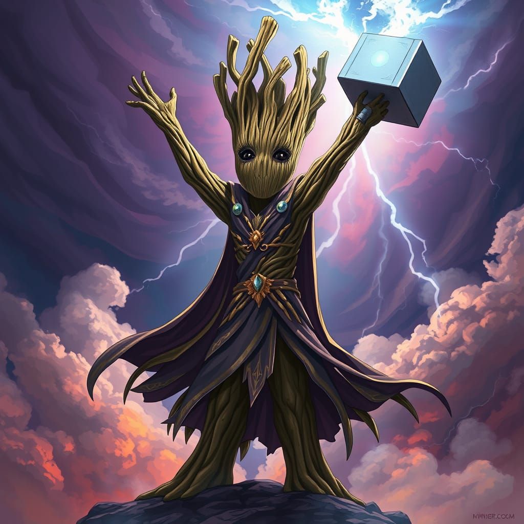 Groot Empowered: Divine Hero Lifts Mjolnir in Epic Manga Sty...