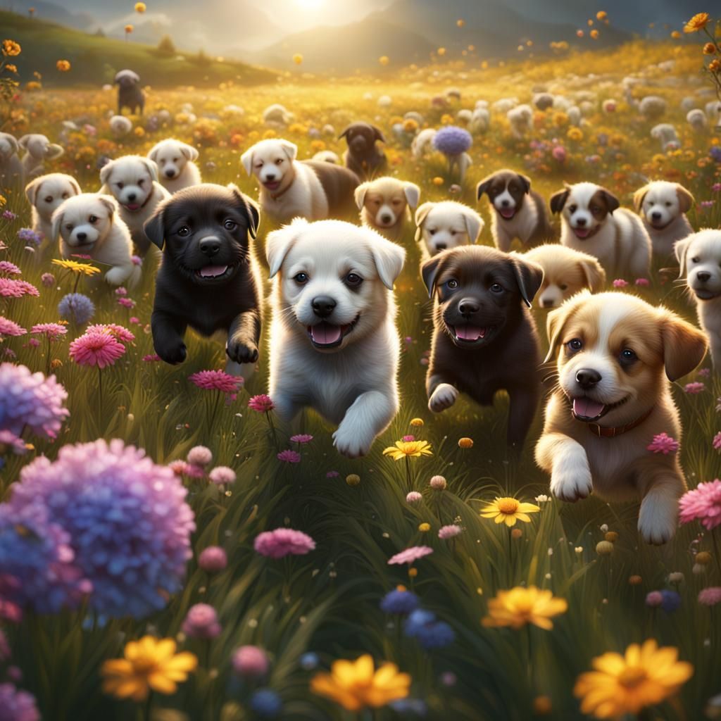 Puppies Playing in Sunny Meadow: Fantasy Concept Art