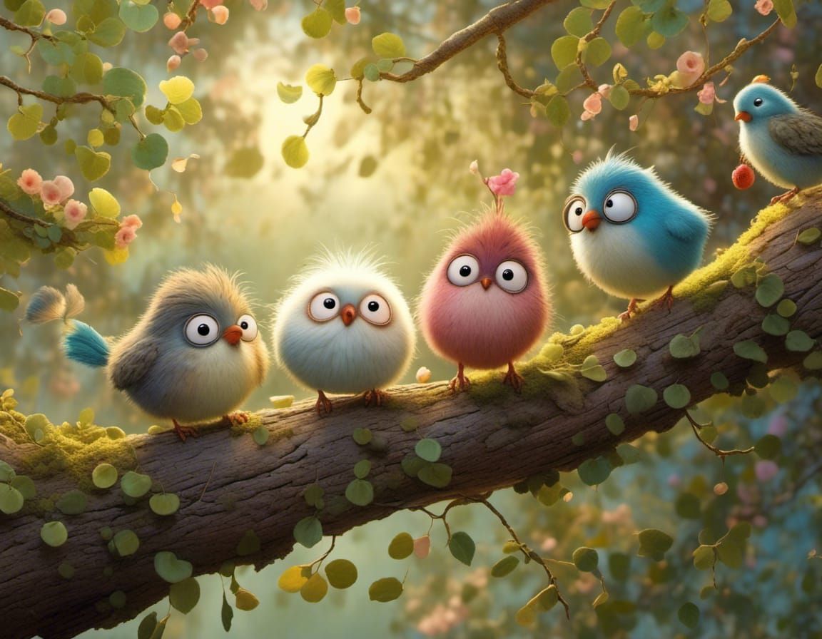 Fluffy Birds Chirping on Branch in Pastel Colors