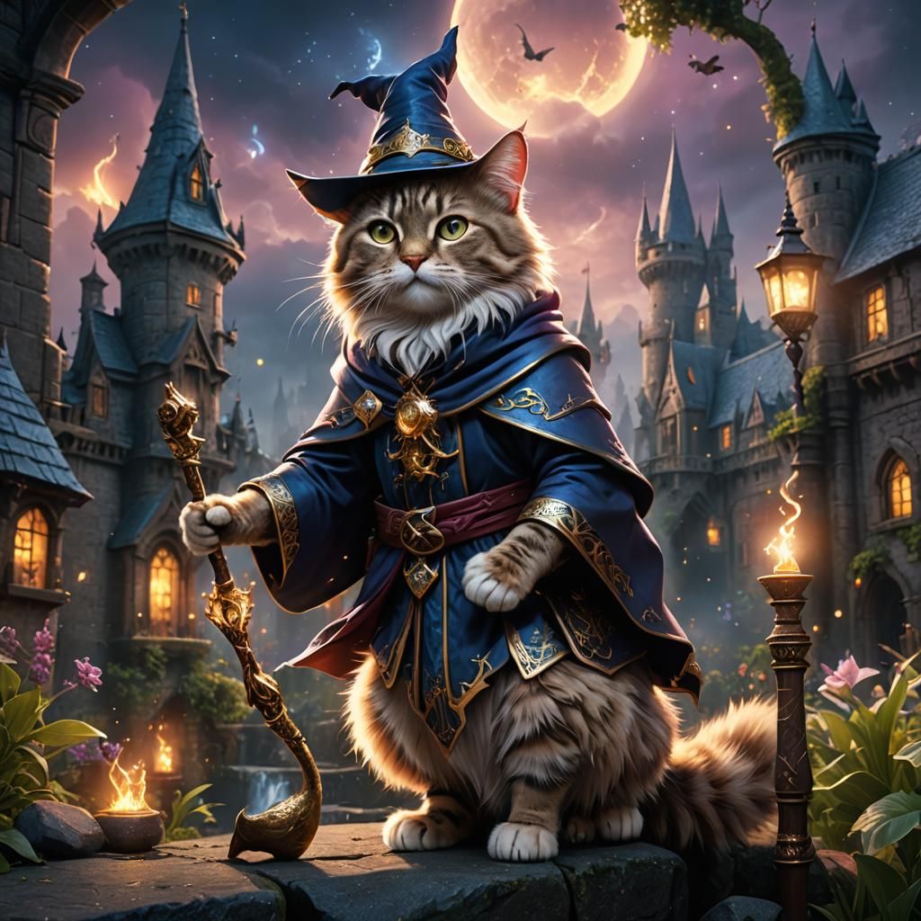 Magical Wizard Cat in Detailed Digital Painting