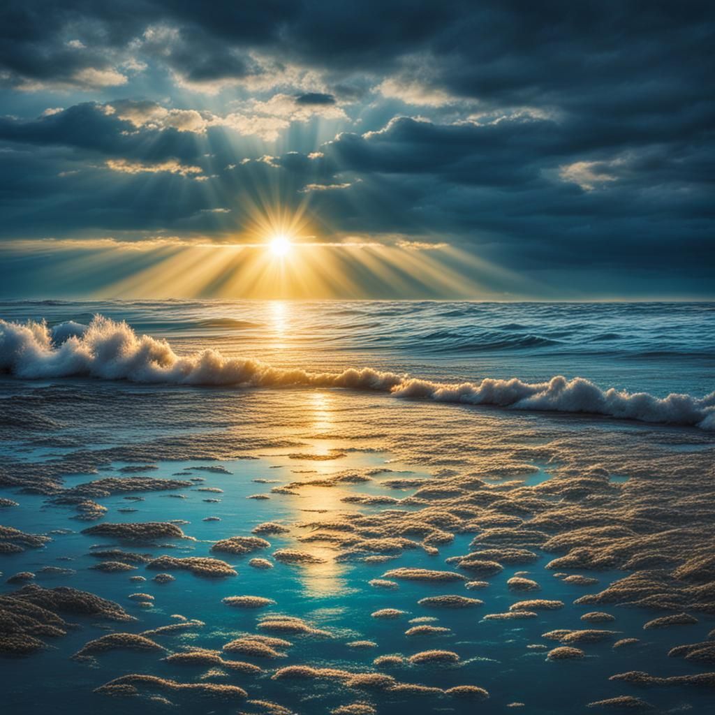 Bioluminescent Ocean Under a Radiant Morning Sky