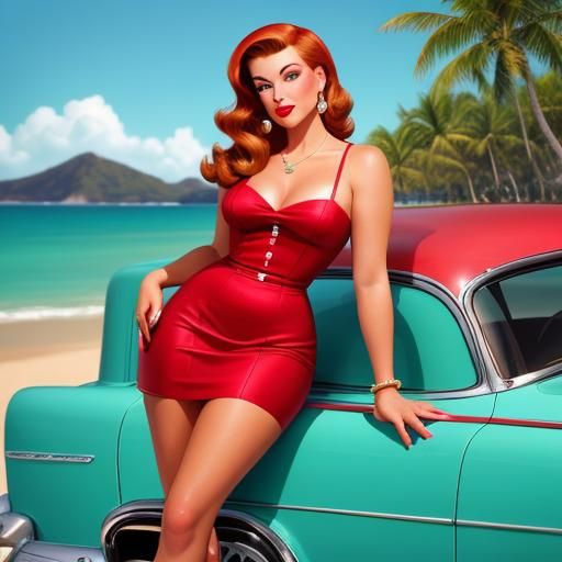 Vintage Pin-Up Girl on Beach in Retro Style