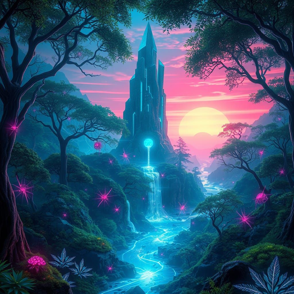 Cyberpunk Bioluminescent Ecosystem with Digital Sunrise