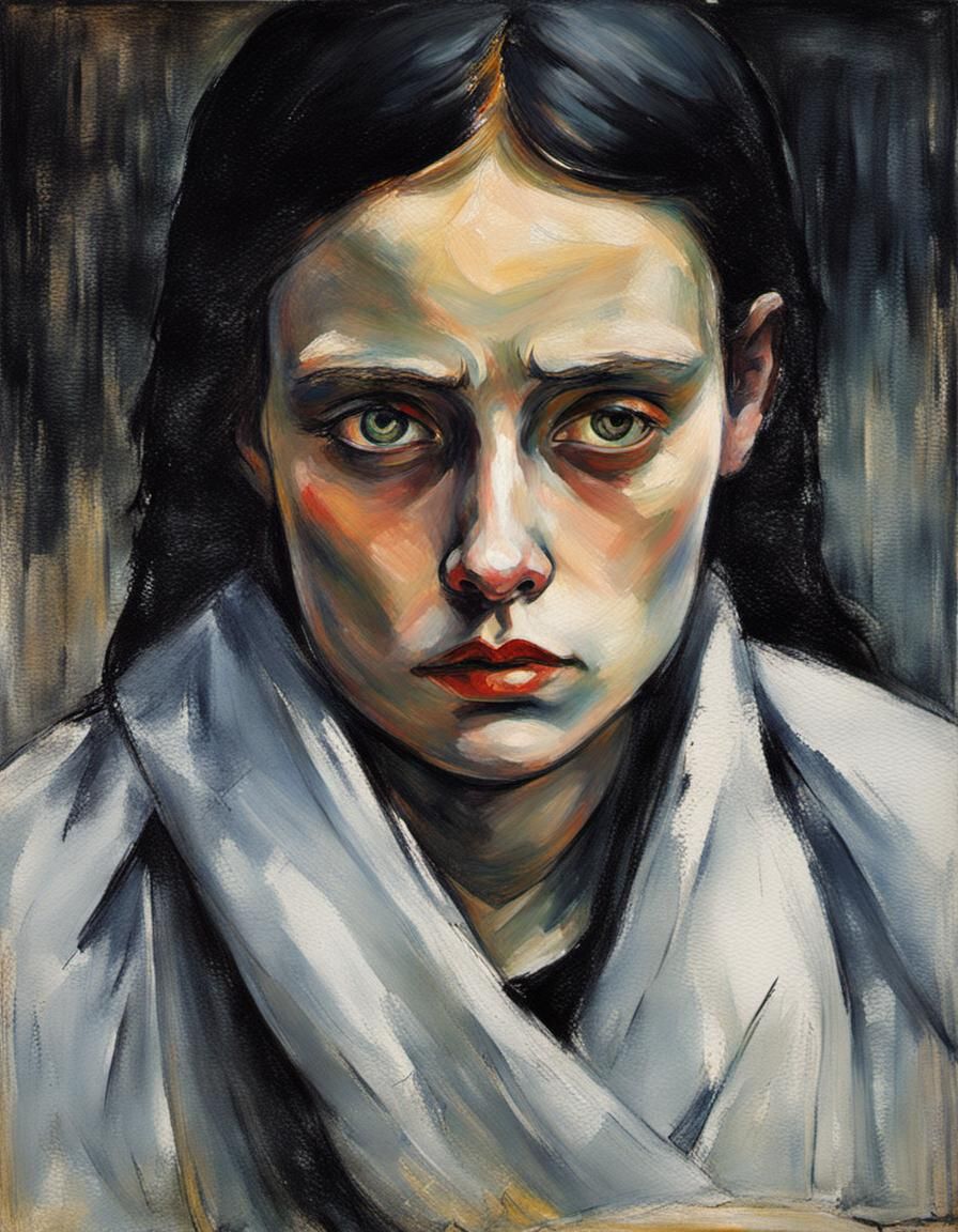 Melancholic Female Portrait in Expressionist Style